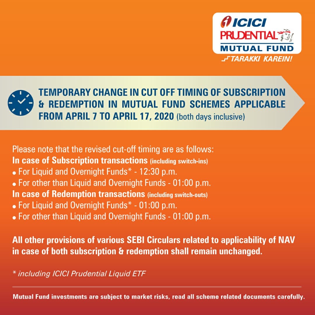 ICICIPruMF's tweet photo. We request all our customers to please take note of the temporary change in cutoff timing's of subscription & redemption in mutual fund schemes
#StaySafe #TransactFromHome https://t.co/ScuwcDpY4f