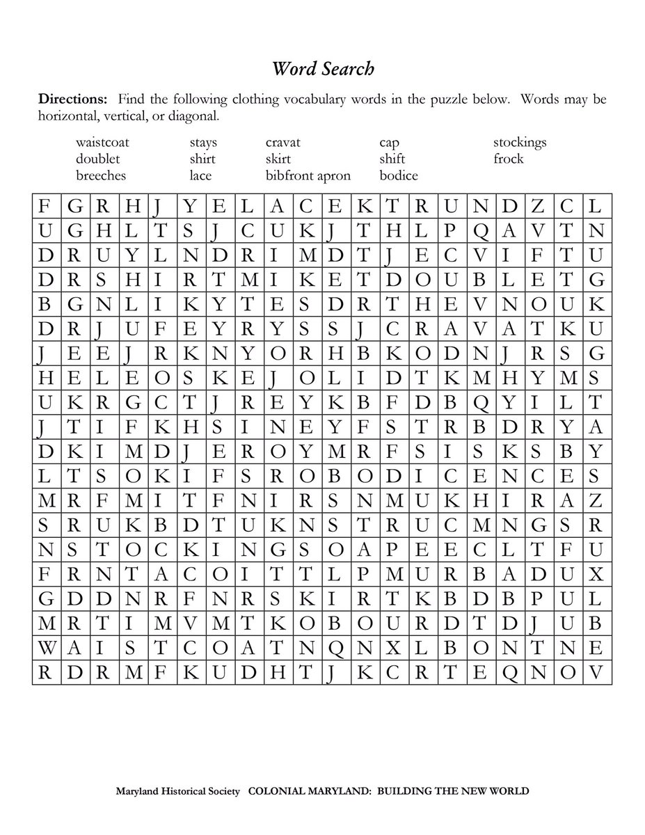 Clothes Vocabulary Word Search