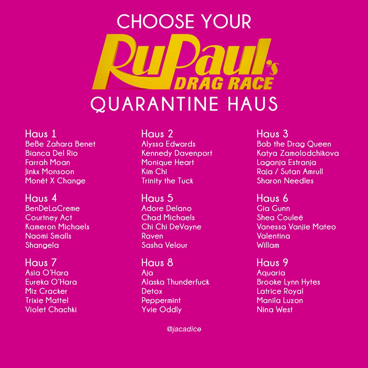 jacadice's tweet photo. Which @RuPaulsDragRace Quarantine Haus would you want to stay in? #DragRace https://t.co/yxhyStHVVw