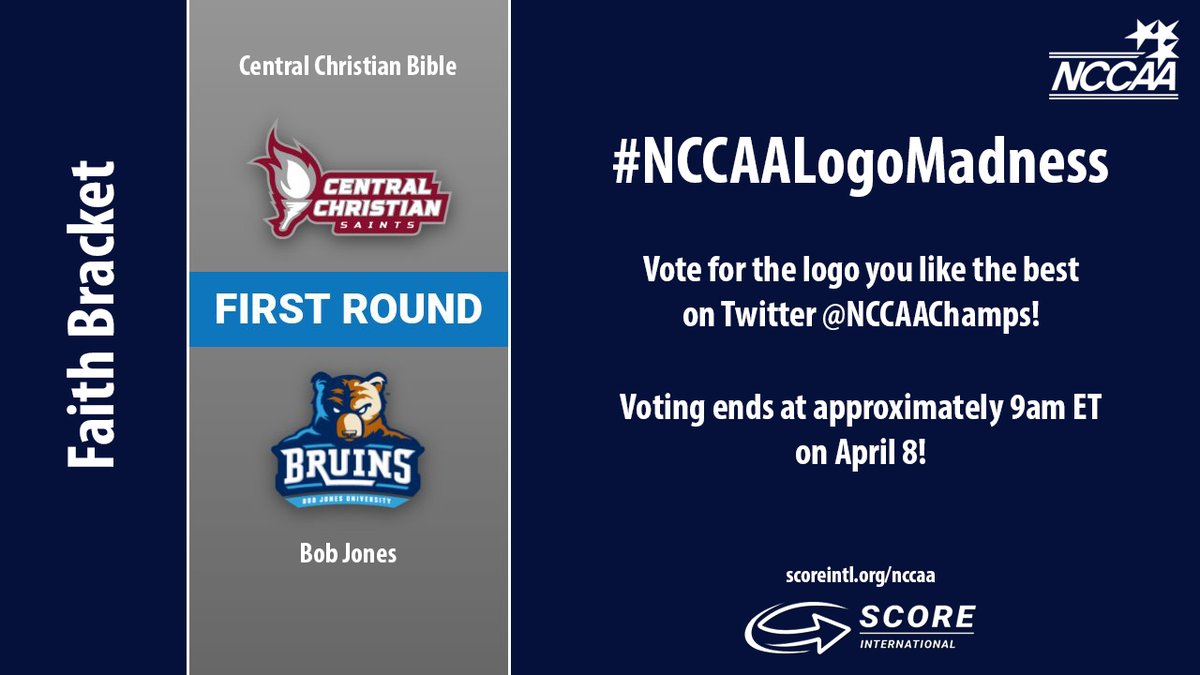 NCCAAChamps's tweet photo. #NCCAALogoMadness: @CCCBSaints and @BJUBruins square off against each other in the Faith Bracket. The logo with the highest % of votes advances.

Vote in the poll below, then retweet &amp; ask others to vote! #BeAHero

Impact a Life: https://t.co/AdoJMqRa7G https://t.co/bRWYO1RIG2