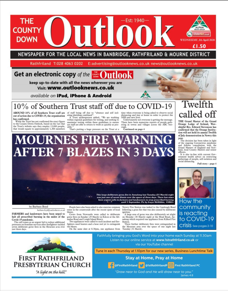 CoDownOutlook's tweet image. This week's Outlook is in the shops and on sale now
*Local firefighters tackle seven deliberate gorse fires in the space of three days 
*Around 10 per cent of Southern Trust staff off due to Covid-19
*Kilkeel doctor speaks out about PPE equipment 
*And much more inside
