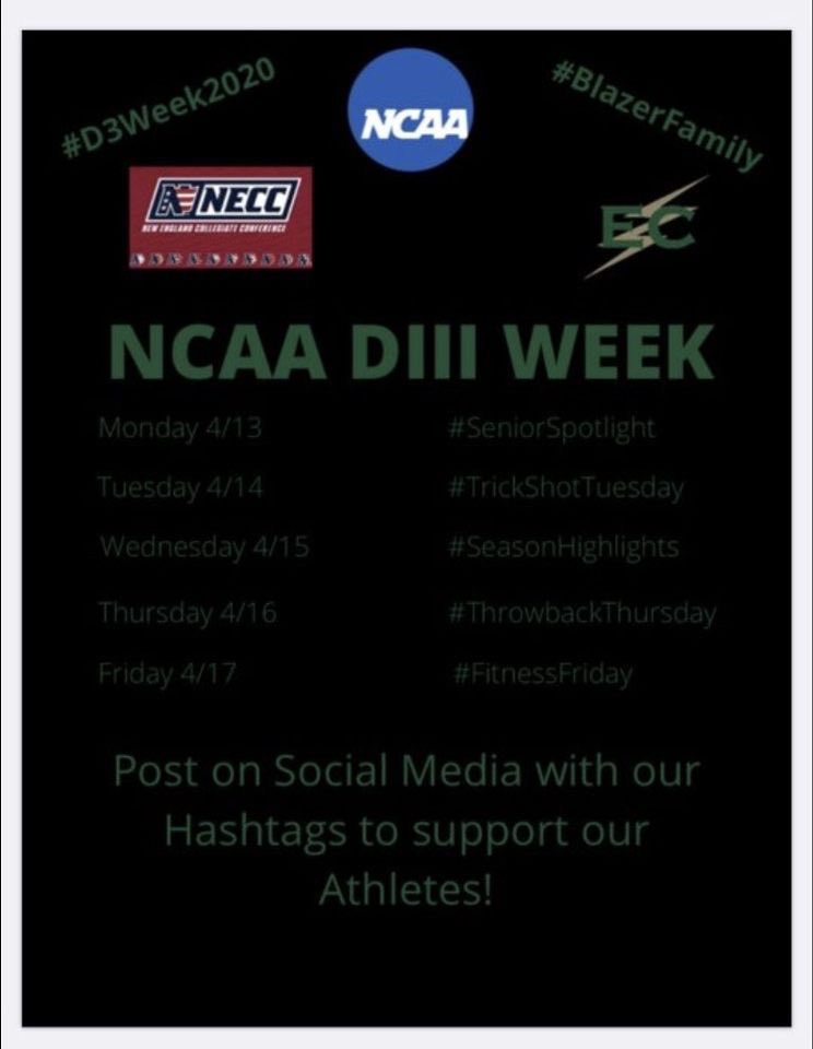 ElmsBlazersSAAC's tweet photo. Who’s ready for D3 week next week?!Huge thanks to Coach Wysocki and his Event Management and Promotions class for this awesome flier! Stay tuned next week! #D3week2020 https://t.co/nzudnz4nkL