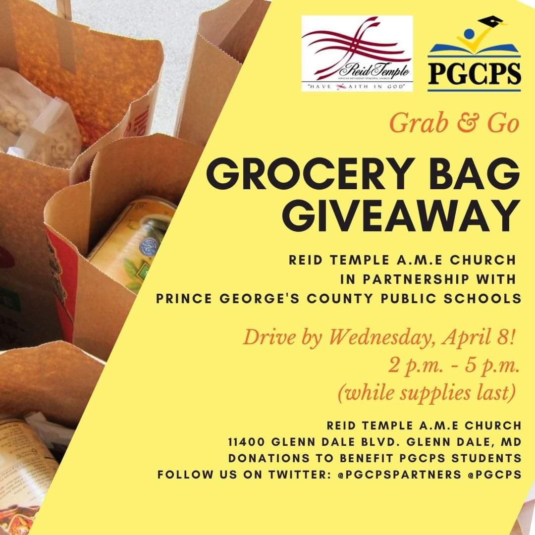pgcps's tweet photo. FREE GROCERIES | Reid Temple A.M.E. Church in Glenn Dale is giving away groceries Wednesday, April 8 from 2 p.m. to 5 p.m. First come, first served! Details below! https://t.co/lgRdmkp36H