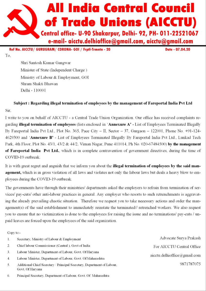 AICCTUhq's tweet photo. Plz ensure action is taken.@cmohry , @mlkhattar @DC_Gurugram @LabourMinistry
  @HMOIndia @CMOMaharashtra 
@PMOIndia https://t.co/6hcnsnlqg1