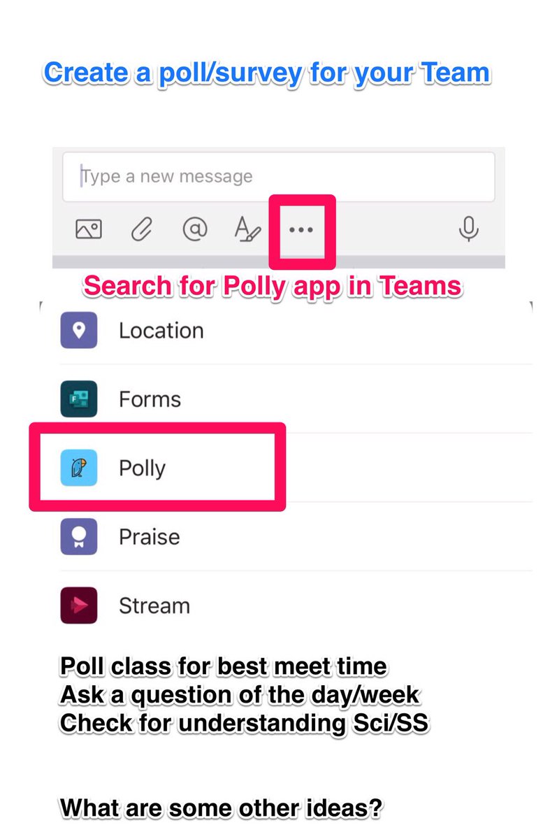 Cass_Stewart's tweet photo. Did you know you can add a poll/survey in Microsoft Teams? ๐ฌ
On the message field use the ... to find Polly!
What are some ways you can use polls in your Teams class? #VCSICP https://t.co/24Pezb6Ei8