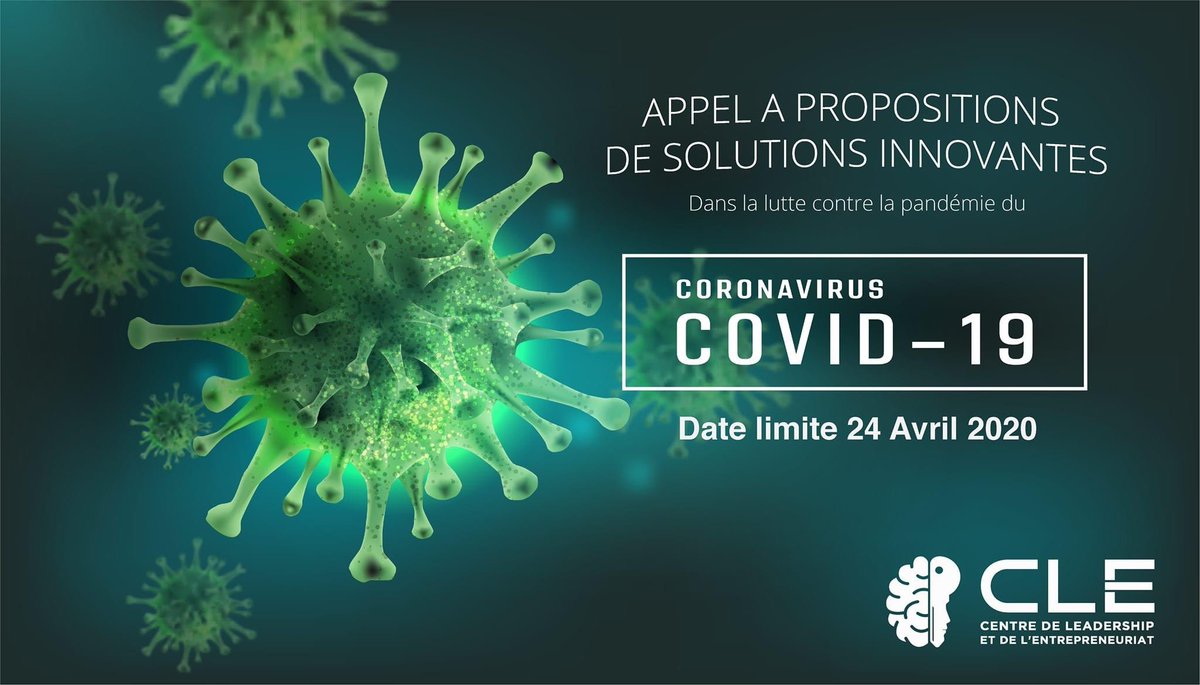 Centre de Leadership et de l’Entrepreneuriat - CLE (@centre_cle) on Twitter photo 📣📣 CONCOURS D'INNOVATION - COVID-19📣
<a href="/centre_cle/">Centre de Leadership et de l’Entrepreneuriat - CLE</a> lance un appel à projets innovants afin de sélectionner des propositions pour lutter contre la pandémie de COVID-19. Pour plus d’informations consultez notre page Facebook.
#restonsChezNous 📣📣 CONCOURS D'INNOVATION - COVID-19📣
<a href="/centre_cle/">Centre de Leadership et de l’Entrepreneuriat - CLE</a> lance un appel à projets innovants afin de sélectionner des propositions pour lutter contre la pandémie de COVID-19. Pour plus d’informations consultez notre page Facebook.
#restonsChezNous