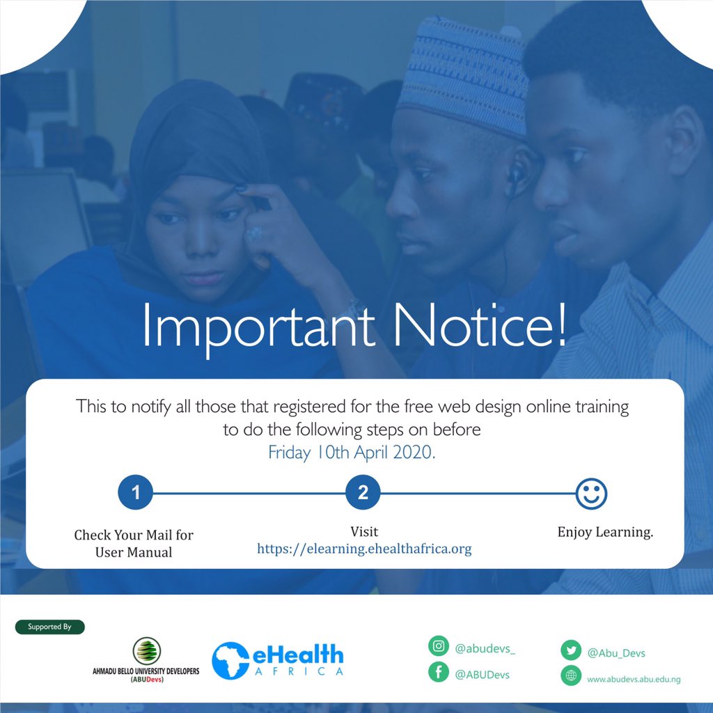 Abu_Devs's tweet photo. Important Notice
free online web design course.
@ABU_Campus @ABUSRCmedia @ABUZaria_DUA @STEMCoders_ABU @Tweet_abuzaria @eHealth_africa
#abudevs #DevSpark #LearnFromHome https://t.co/urnlRnJ0ee