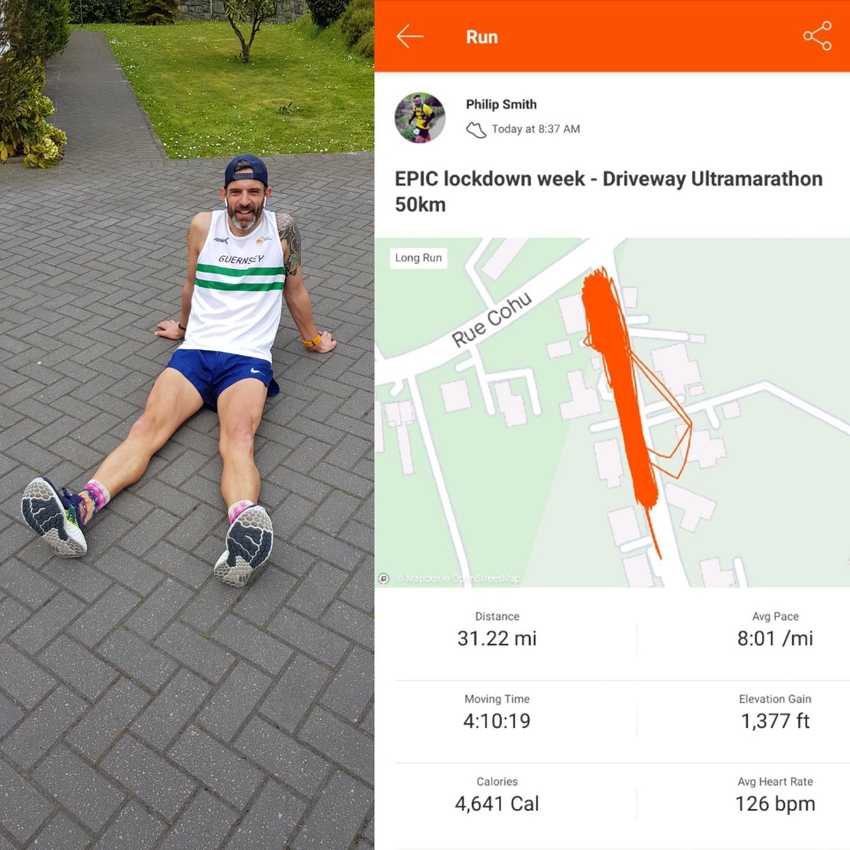 philipsmith_gsy's tweet photo. @EPIC_Purpose EPIC lockdown week Driveway 50km Ultramarathon done. That was 'fun'. #KeepMoving #GuernseyTogether #ukrunchat What does that go down as on TP coach @TomEvansUltra ? 🤣 https://t.co/XqM66s8Vkt