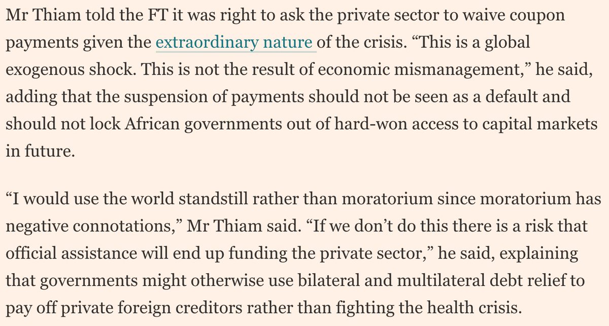 Tidjane Thiam, Ngozi Okonjo-Iweala and others call for a two-year moratorium on eurobond payments by African sovereigns to free up funds to fight the pandemic. (This would be default, the rest is PR.)  https://www.ft.com/content/89c6d60f-5fe9-4b72-b327-4a6eb267a9c9