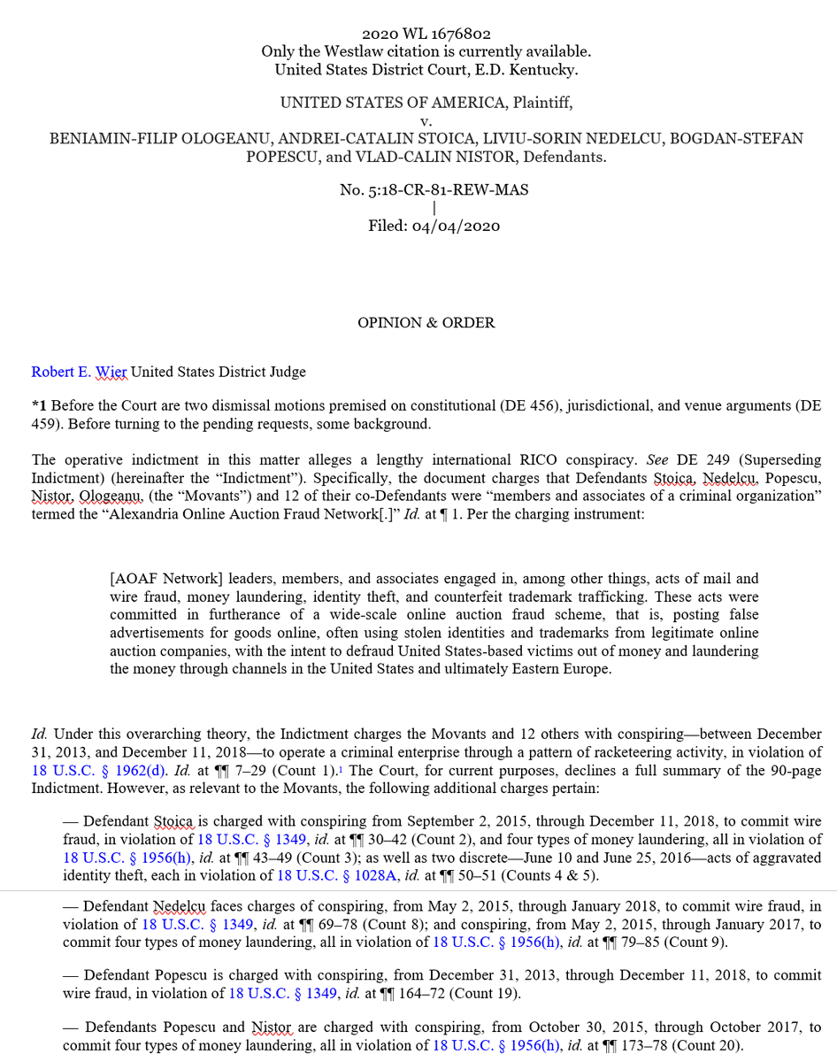 E.D. Ky. denies mtn to dismiss by AlexandraOnlineAuctionFraudNetwork; rejects argument that  #bitcoin   isn't funds for s.1956 money laundering; Court "joins the chorus" of other courts (Budovsky, Ulbricht, Stetkiw) holding  #bitcoin   is funds, rejecting IRS/property argument.