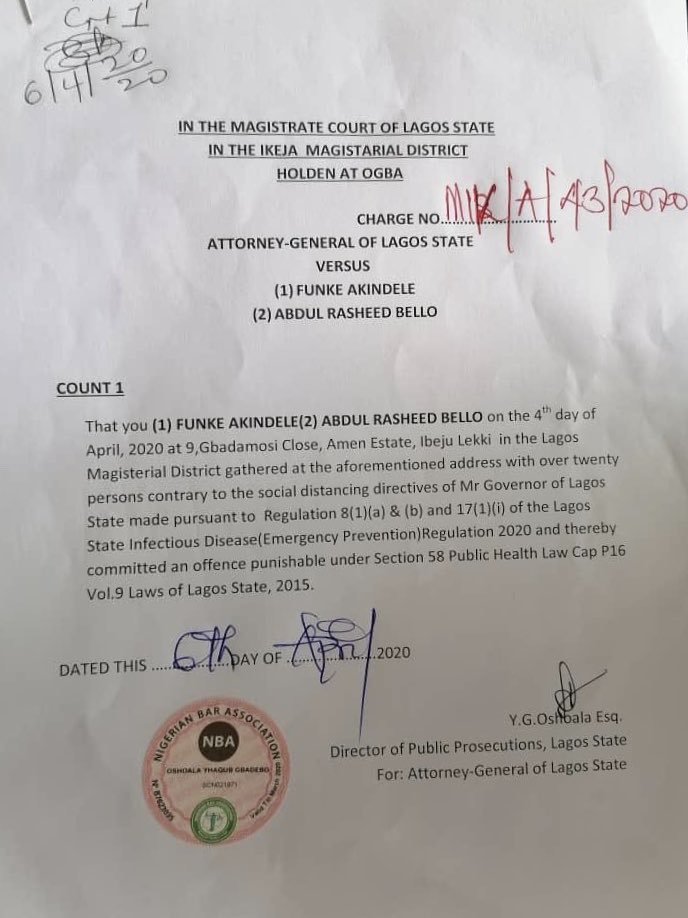 Now look at the charge sheet, they were charged for disregarding the Lagos State Infectious Disease (Emergency Prevention) Regulation 2020. Please where is the Law that makes the regulation punishable under the Public Health Law? A charge sheet cannot do that.