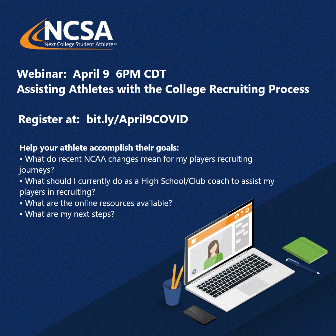 fd_ncsa's tweet photo. This Thursday @ 6PM CDT  
Webinar: "Assisting Athletes with the College Recruiting Process"
Register at:  https://t.co/rinpUeHFAY https://t.co/gpRwsU9o1K