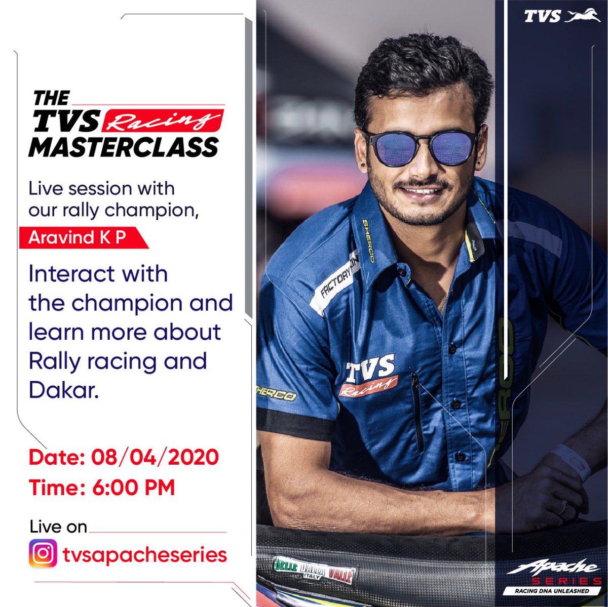 arvindkp6666's tweet photo. The TVS Racing MasterClass Episode 2: Aravind KP 

Catch me live as I talks about my racing experiences, riding techniques on Rallying and his Dakar Challenge in the TVS Racing #MasterClass session at 6 PM tomorrow! https://t.co/gPX36dNYpq