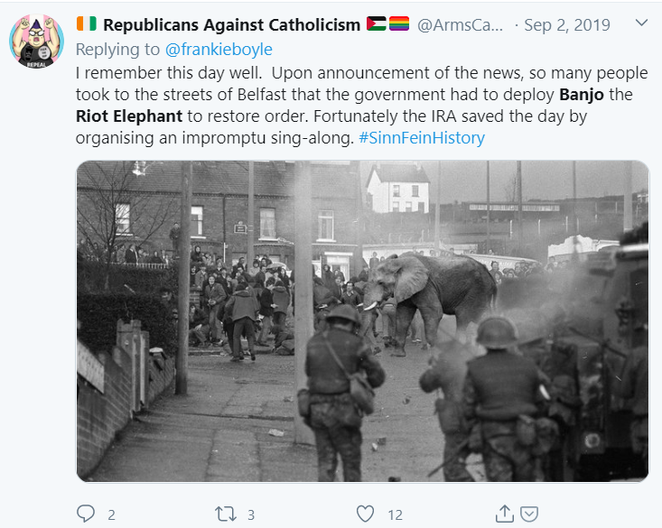 But one picture came up several times. It’s this one, of an elephant at a Belfast riot. To be clear, most weren’t taking it at face value, and were presenting it for absurdist purposes only. But a little searching showed it had been all over Twitter for some time.