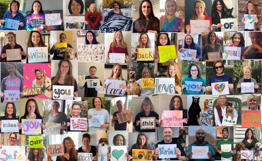 JeffMCurry's tweet photo. @GolicAndWingo Erial Elementary School staff in NJ &amp; my sister-in-law Carla Pellicori sending out love to their students #HometownHeros #teachingfromhome #educationcontinues https://t.co/dAiJIUr9ed