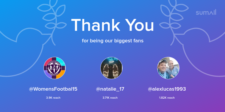 Our biggest fans this week: WomensFootbal15, natalie_17, alexlucas1993. Thank you! via sumall.com/thankyou?utm_s…