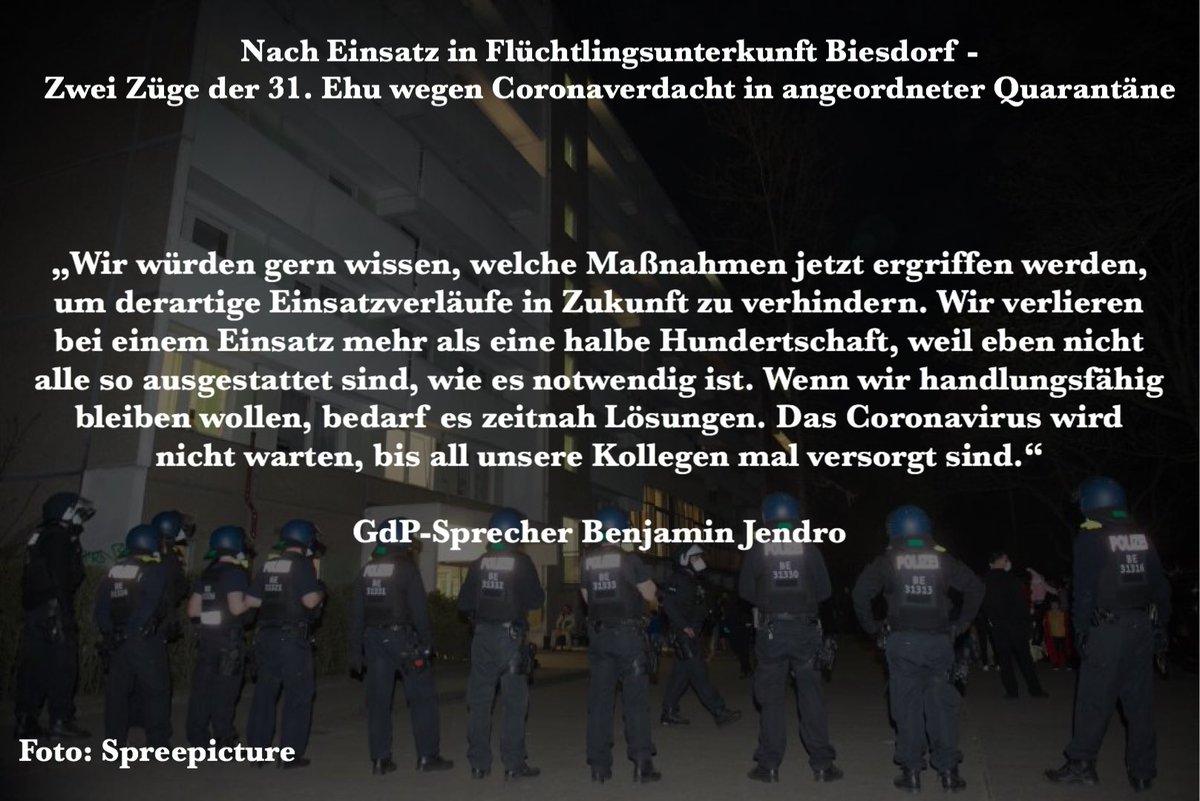 GdPHauptstadt's tweet photo. Gestern Abend kam es an der Flüchtlingsunterkunft Brebacher Weg (Biesdorf) mal wieder zu einem Polizeieinsatz wegen mutmaßlicher Brandstiftung - Kollegen wurden bespuckt und mit Flasche beworfen - Am Abend durften zwei komplette Züge in Corona-Quarantäne https://t.co/xRGumPnA77 https://t.co/m5js7WsHHc