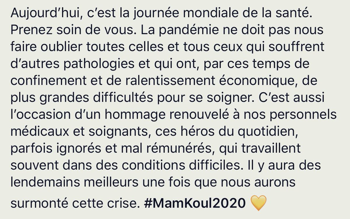 SouveReineX's tweet photo. C’est la journée mondiale de la santé. Prenez soin de vous. La pandémie ne doit pas nous faire oublier celles/ceux qui souffrent d’autres pathologies et qui ont, par ces temps de confinement &amp; de ralentissement économique, de plus grandes difficultés pour se soigner..#MamKoul2020 https://t.co/FqYrr8XVDD