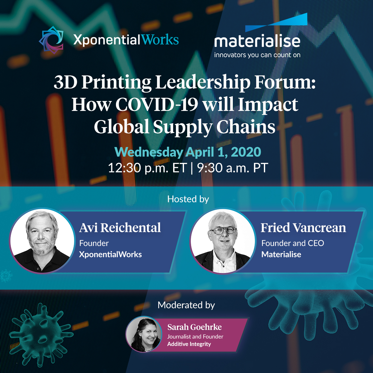 MaterialiseNV's tweet photo. Didn't get the chance to attend the 3D Printing Leadership Forum between Materialise CEO Fried Vancraen and #XponentialWorks Founder @AviReichental? Listen to the recording here for their insights on how COVID-19 will impact global supply chains. #ICYMI https://t.co/ji2FJV6Si4 https://t.co/Q27LazjegW