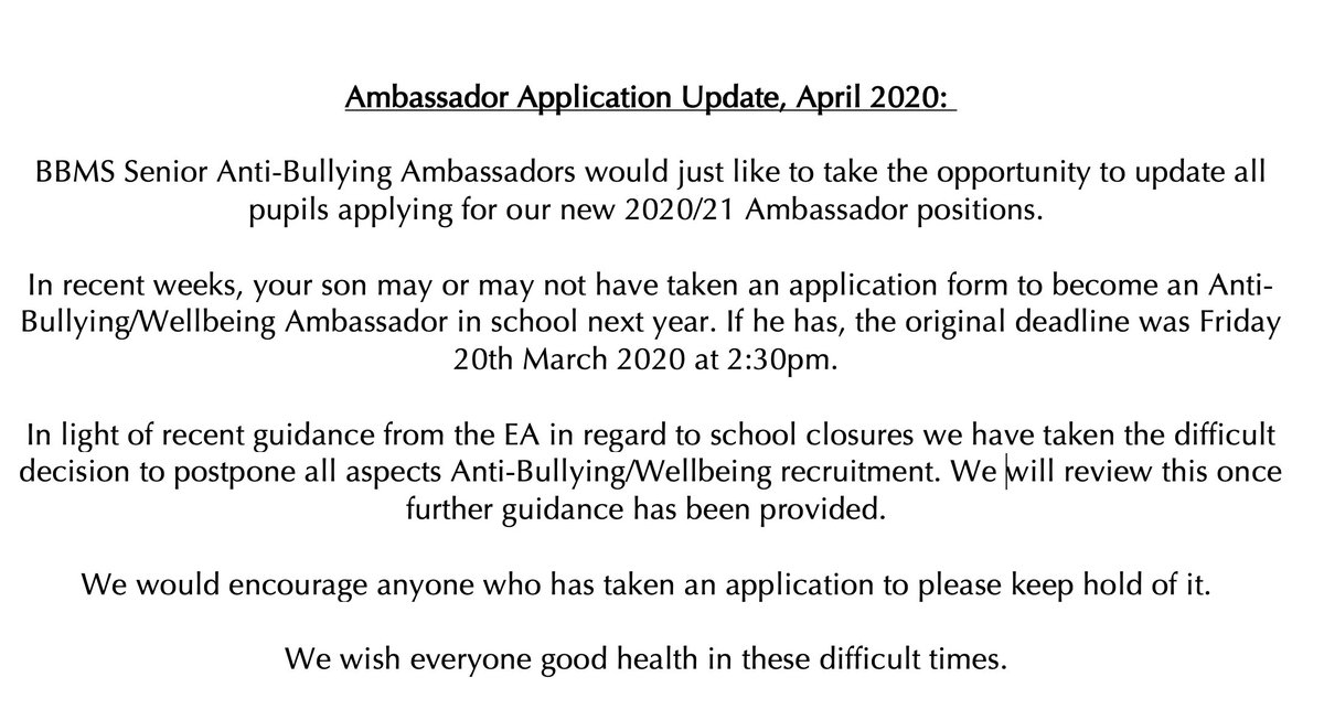 bbms_antibully's tweet photo. Please see below the latest communication in regard to 2020/21 Recruitment. https://t.co/AsCJSgho24