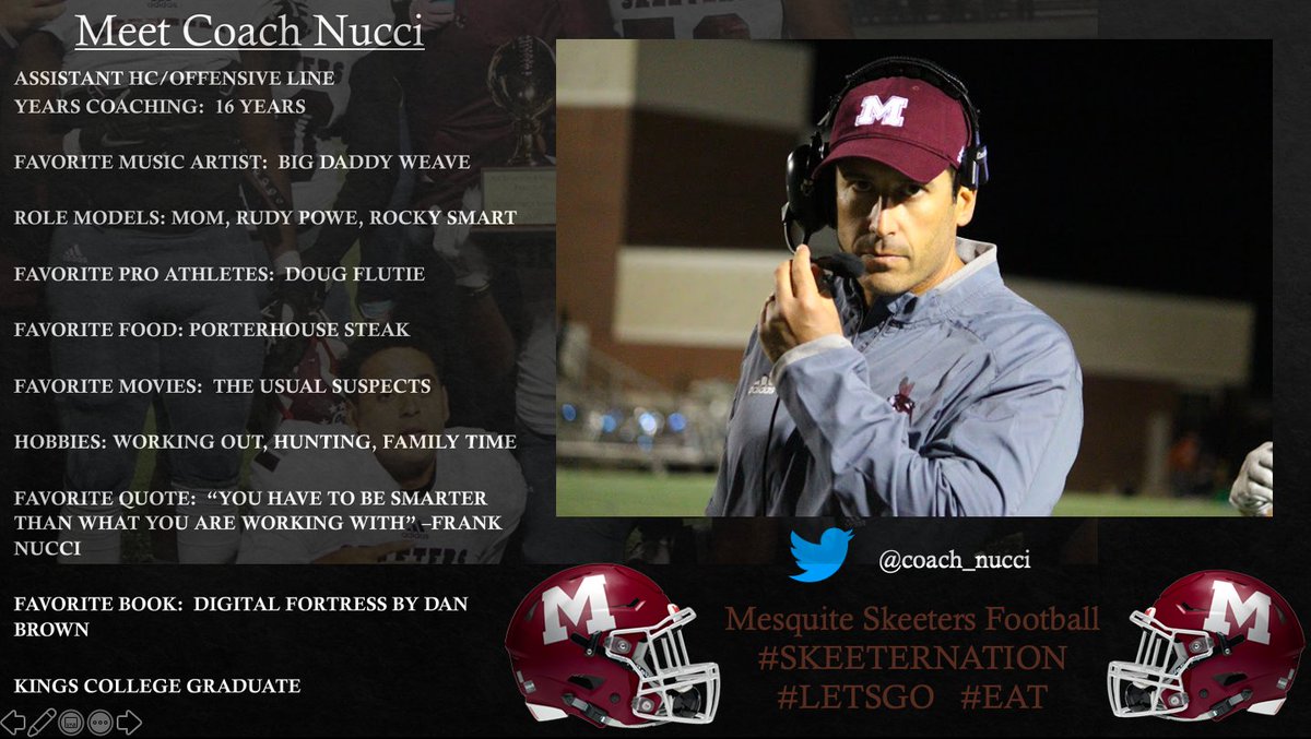MccollomX's tweet photo. LETS GO!!!! Here is a mentor to many of us and a leader about our community! Meet our OLine Coach @coach_nucci Drop a Story about Coach Nucci in the comments #SkeeterNation #LetsGo #EAT #HolyBeans https://t.co/HkcJwmQ9yq