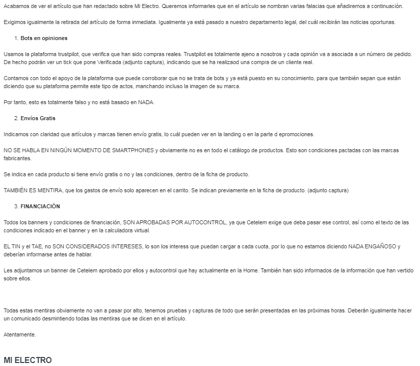 Acabamos de recibir un email en tono muy amenazante de <a href="/Mi_Electro/">Mi Electro</a> por nuestro artículo en <a href="/adslzone/">ADSLZone</a> donde mostramos como las opiniones de Trustpilot están manipuladas. ¿Acaso van a decir que Adolfina que ha escrito 9 veces es una persona real? es.trustpilot.com/users/5c4979c3…