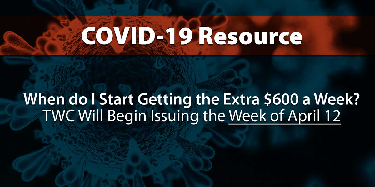 TXWorkforce's tweet photo. When do I start getting the extra $600 a week? 

📅 --> The Week of April 12

No additional steps are required. TWC staff will review all documents on file and make the changes accordingly. https://t.co/TFPIHtVVg5