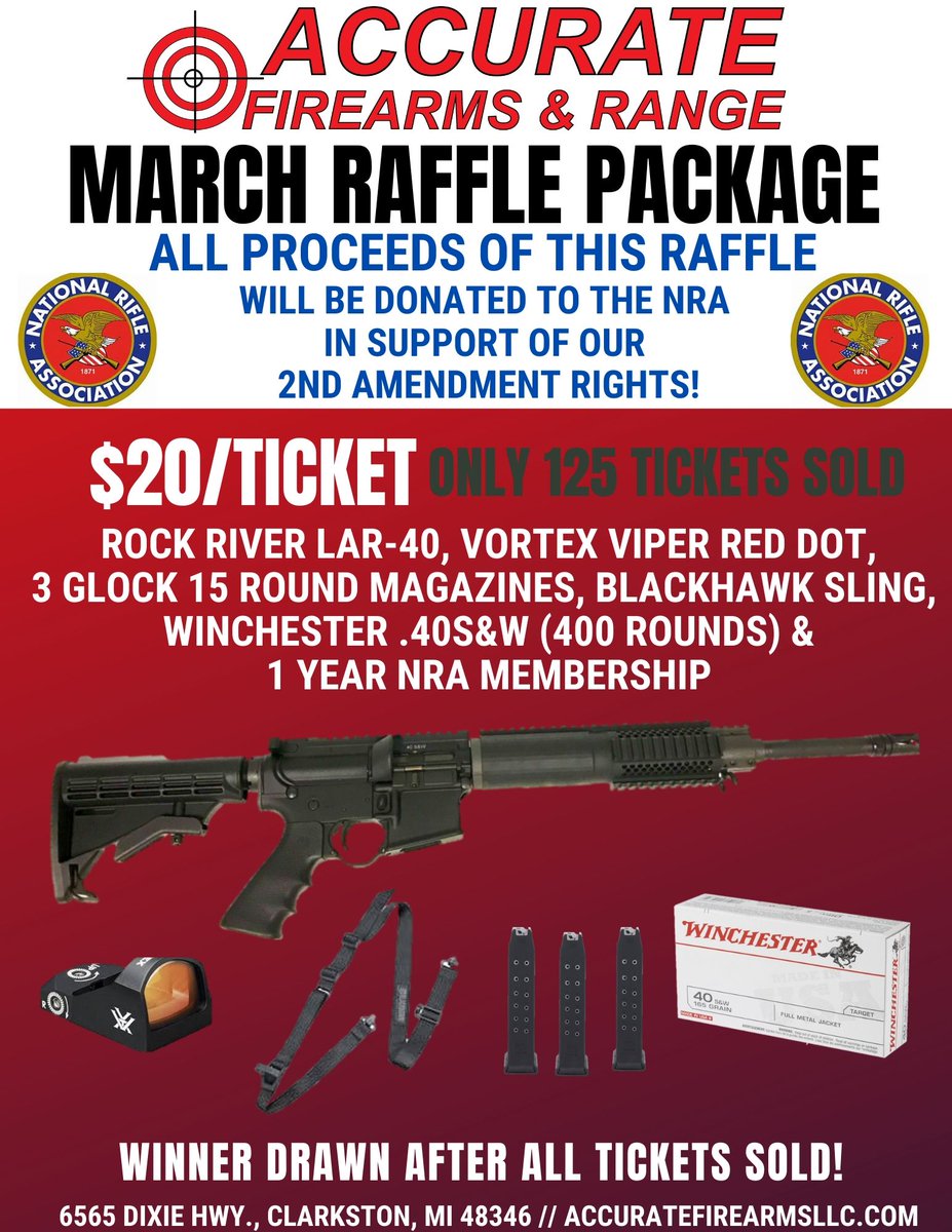 accur8firearms's tweet photo. When you stop in for your appointment at the shop or range, consider purchasing a $20 raffle ticket! We have tickets left and we are just itchin' to give this package away and brighten somebody's day!! #accuraterange #accuratefirearms #palytowin https://t.co/zU02aPRw2o