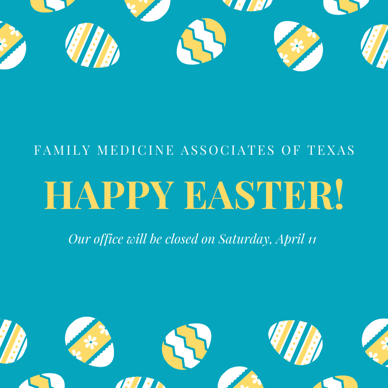 FamilyMedTx's tweet photo. We will be closed Saturday, April 11th in observance of Easter weekend. We wish our patients a wonderful holiday weekend! 🐇💐 https://t.co/5aFcytE7Rr