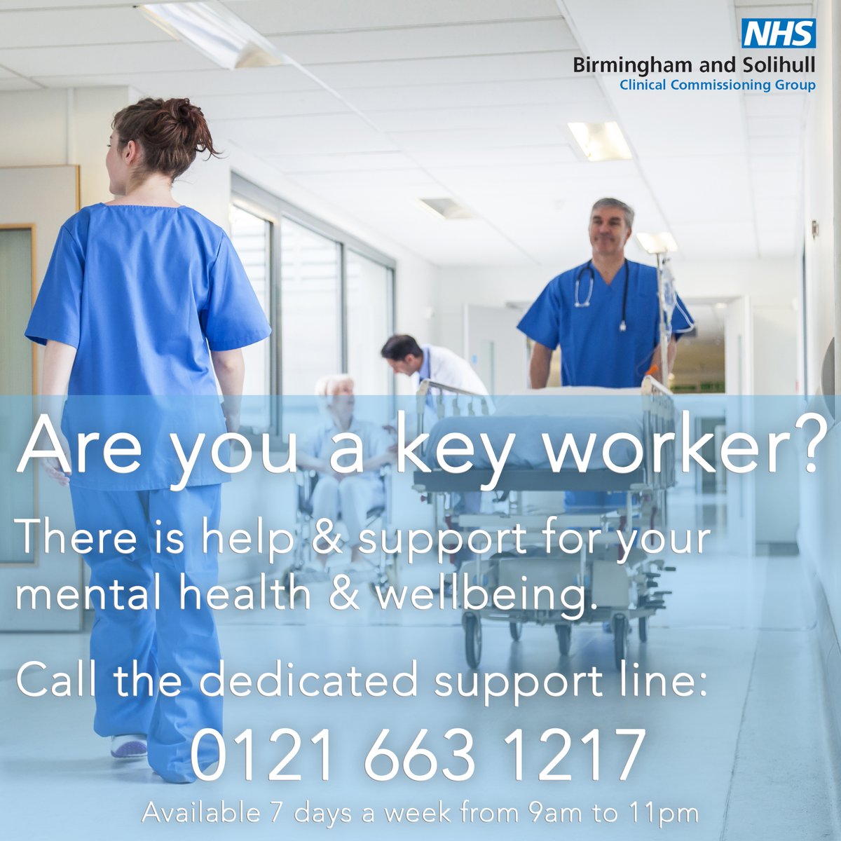 NHSBSol's tweet photo. Are you a keyworker in #Birmingham and #Solihull? Are you supporting the response to #Coronavirus (#COVID19)?

There is support available for you through a dedicated telephone line.

Call 📞0121 663 1217
9am-11pm, 7 days a week.

#MentalHealth #NHS #HereForYou https://t.co/C47McKmLrg