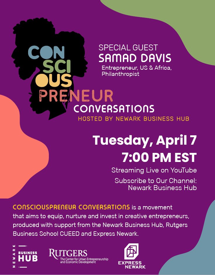 expressnewark's tweet photo. Join us TONIGHT at 7pm on the @NWKBusinessHub's @YouTube channel for ConsciousPreneurs! This episode features @NWKBusinessHub advisory board member & #newarknative, Samad Davis.
Hit the link below β¬ and we'll see you at 7pm!
https://t.co/hKS5jTRDL7 https://t.co/yLMZspz9iD
