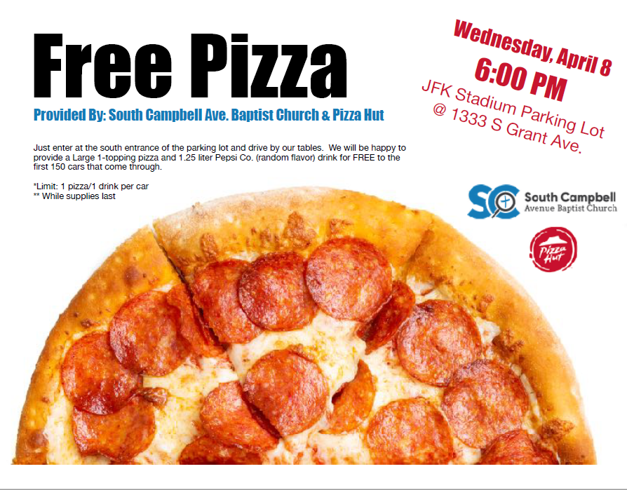 Parkview_Viking's tweet photo. Vikings: FREE PIZZA! Provided by South Campbell Ave. Baptist Church &amp; Pizza Hut. Wednesday, April 8th at 6:00pm in the JFK Stadium parking lot!
#BeParkview https://t.co/u7LoTMcFnl