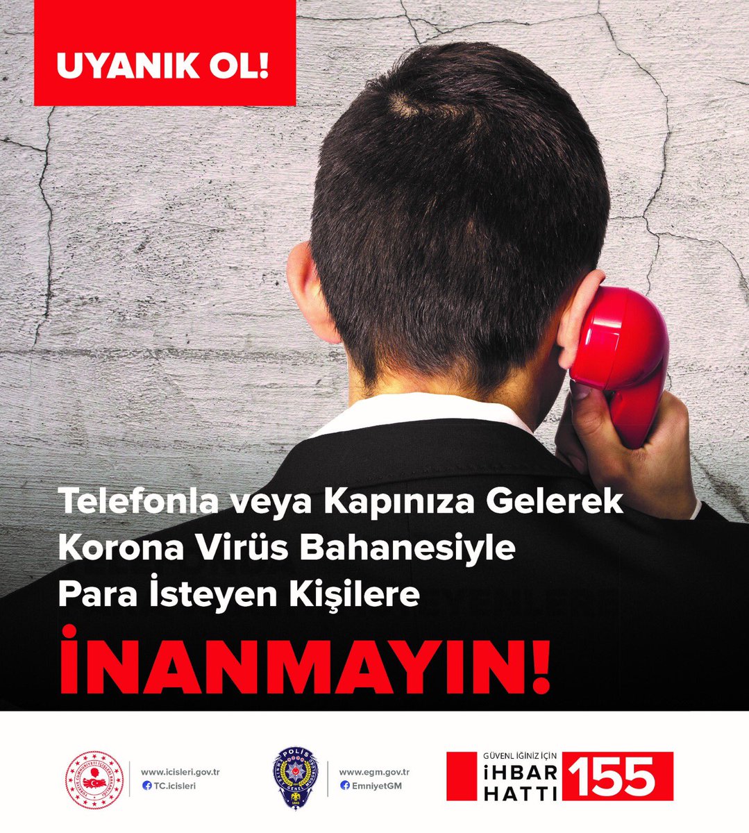 EmniyetGM's tweet photo. Uyanık ol ❗
Telefonla veya kapınıza gelerek Korona virüs bahanesiyle para isteyen kişilere inanmayın.

#EvdeKal
#EvdeHayatVar 🏠 https://t.co/PZ95SzYNxf