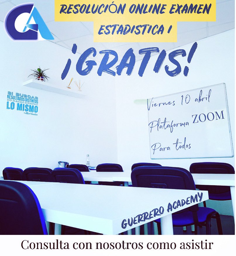 GuerreroAcademy's tweet photo. Desde Guerrero Academy queremos ayudaros a todos los estudiantes a que podáis seguir progresando en vuestros estudios a pesar de la situación actual en que nos encontramos. Por ello, organizamos una clase on-line por ZOOM, donde resolveremos un examen de Estadística I https://t.co/NCSQEkO34R