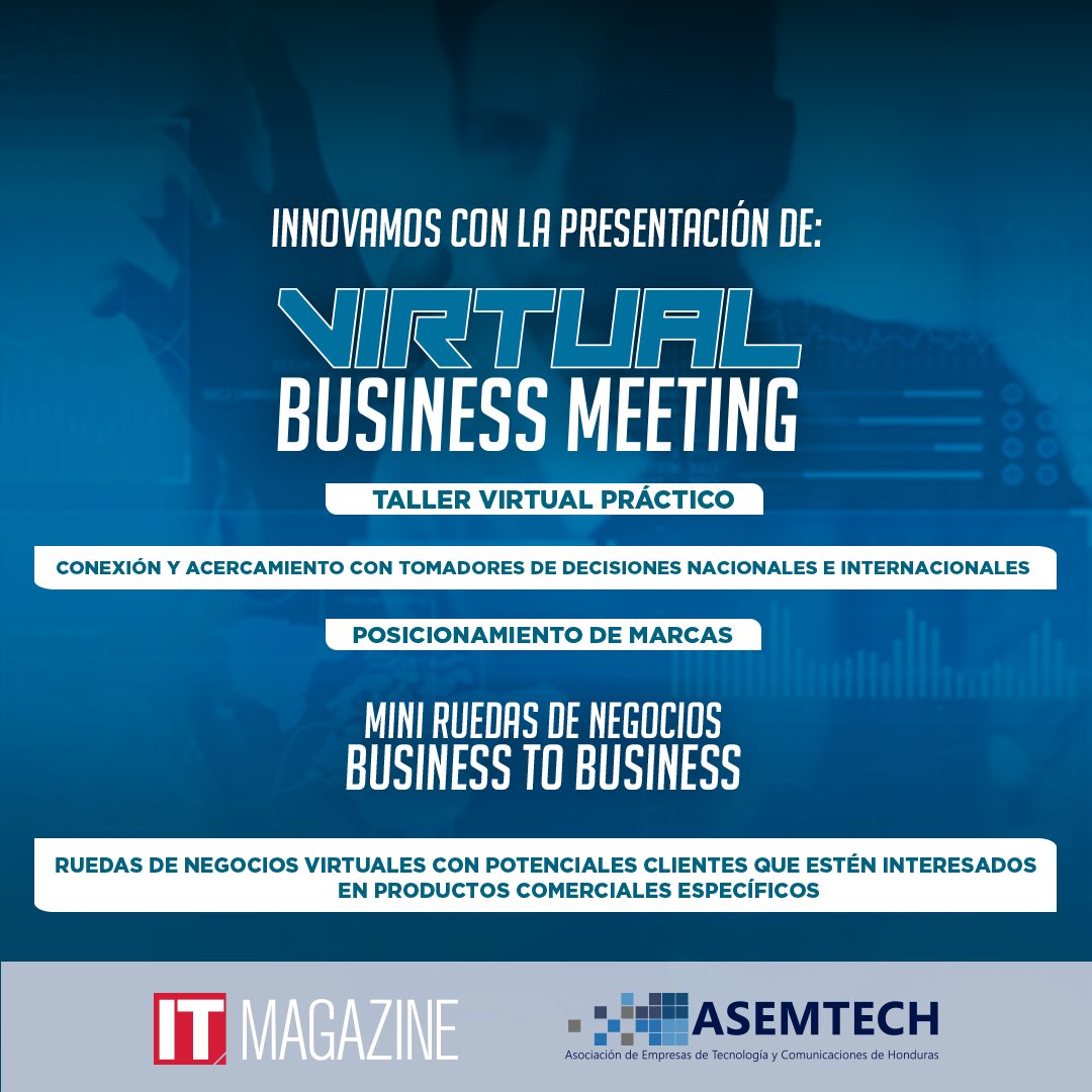 asemtech_'s tweet photo. IT Magazine y Asemtech, innovan con la presentación de: Virtual Business Meeting. Esta es su oportunidad de continuar haciendo networking que le permita seguir adelante con su negocio, haciendo uso de la tecnología. 

Interesados:
https://t.co/z39aYLHlMJ https://t.co/ulFwHK5IWW