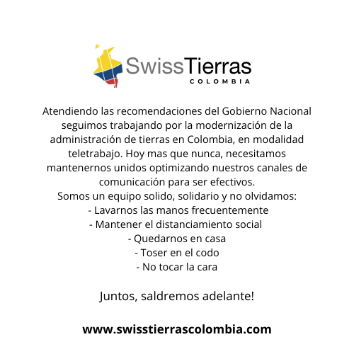 SwissTierrasCol's tweet photo. Somos SwissTierras Colombia. Con el apoyo de Presidencia de la República de Colombia, BSF Swissphoto e Incige y Embajada de Suiza en Colombia - Cooperación Económica y Desarrollo SECO. https://t.co/eASYsIu737