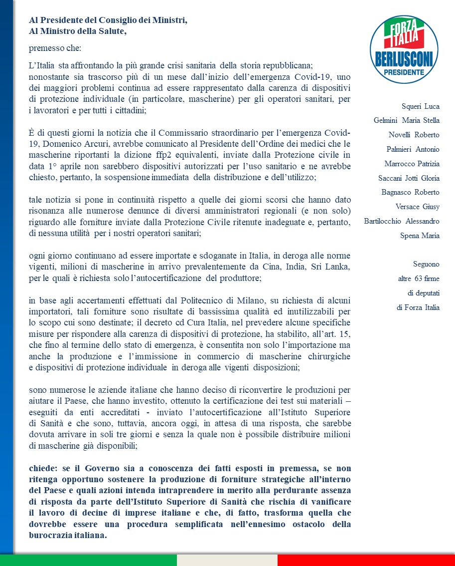La nostra interrogazione parlamentare sul tema #mascherine. Cosa intende fare il governo per sveltire i passaggi burocratici per chi sta producendo mascherine in Italia? Cc <a href="/GranataElena/">elena granata</a> <a href="/ASmerilli/">Alessandra Smerilli</a> <a href="/rosina/">rosiina</a> #OperazioneDynamo