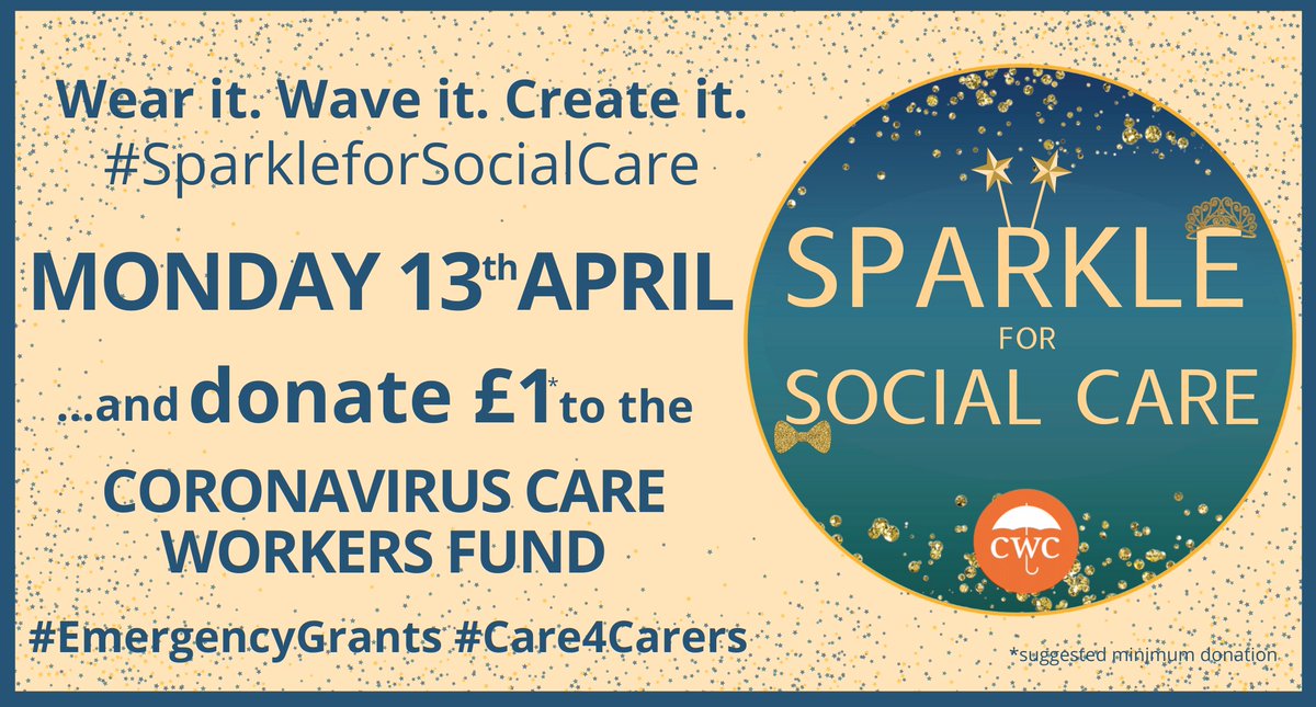#SPARKLEforSocialCare Monday 13th April. Join us as we show our thanks to the millions of care workers who are working hard every day to protect our most vulnerable communities from #COVID19. Grab some glitter, a sparkly hat or your Christmas tinsel, and SPARKLE <a href="/CareWorkersFund/">The Care Workers' Charity 🧡</a>