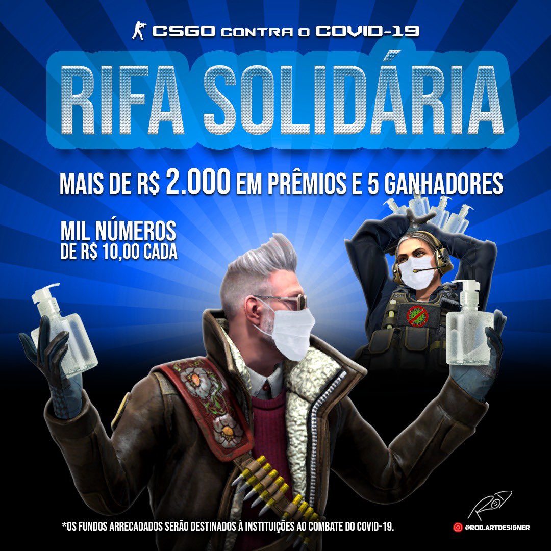 gui4tw's tweet photo. Rifa Solidária CS:GO contra o COVID-19. Sua chance de ganhar skins bem legais e ajudar ao próximo. Por apenas R$ 10 por número você pode ganhar vários prêmios, incluindo DUAS FACAS! Quanto mais números comprar, mais chances de ganhar! Link da rifa + infos: https://t.co/BBtzbKFQ2a https://t.co/QYpLIH3gAq