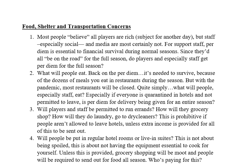 There's a widespread belief that everyone working in sports is rich -- this isn't true. Including players.How does per diem work if everyone is "on the road" for the full season?If everyone is sequestered in hotels for a whole season, how are these day-to-day issues handled?