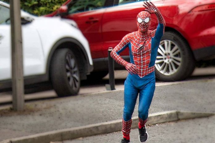 And guess what?Spidey wasn't alone. Another guy named Stephen, was doing the same thing.So now you had two  #StockportSpidermen jogging around town. Nobody was paying them. They just wanted to give kids hope.After all, superheroes never let anything bad happen, right?