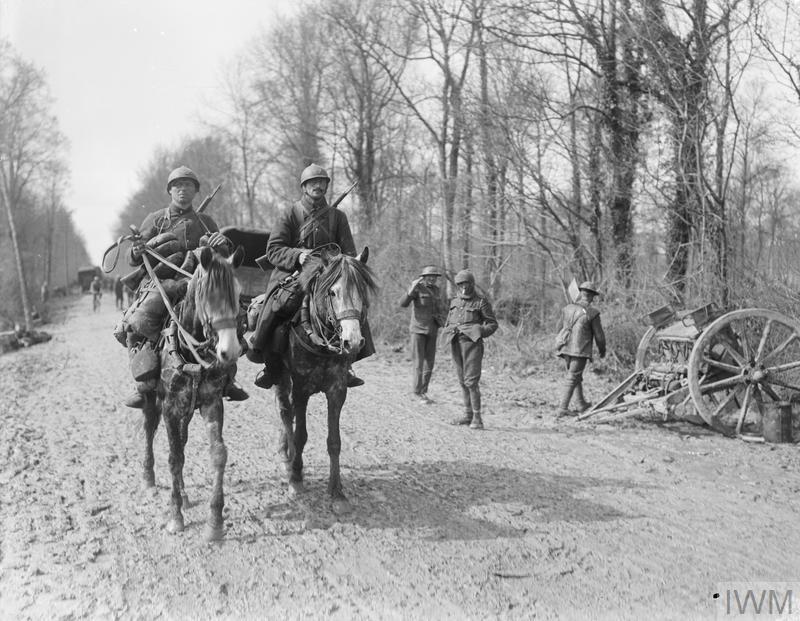 Two French cavalrymen on patrol 58th (London) Division Front, near Domart, Thomas Keith Aitken, 7 April 1918, © IWM Q 10866.