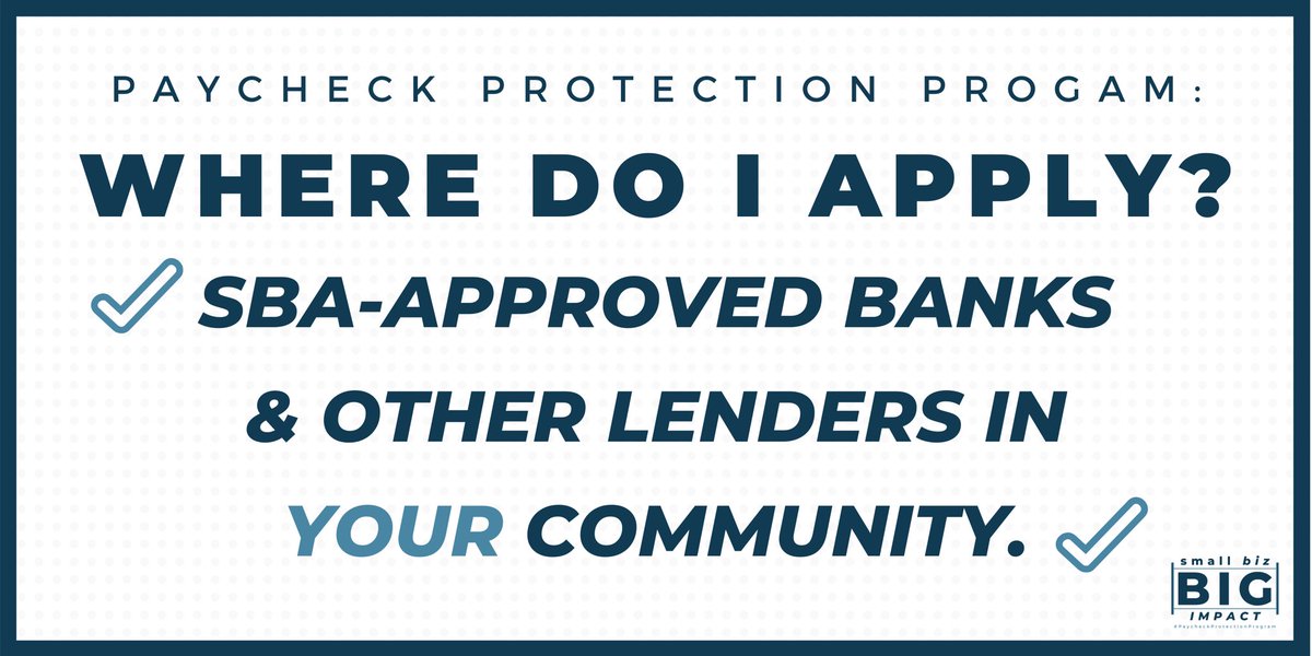 You can apply for a #PaycheckProtectionProgram loan for your small business at your local SBA-approved bank.
 
For more information and the latest guidance on approved lenders, visit SBA.gov.