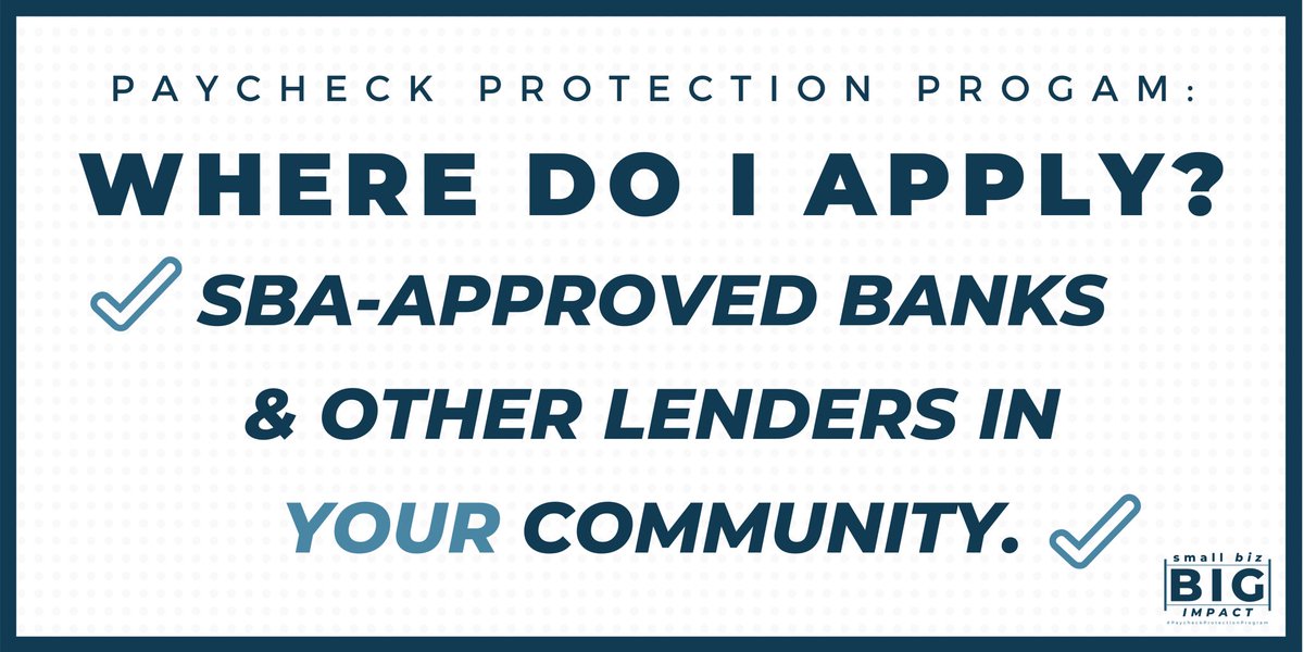 You can apply for a #PaycheckProtectionProgram loan for your small business at your local SBA-approved bank. For more information and the latest guidance on approved lenders, visit SBA.gov.