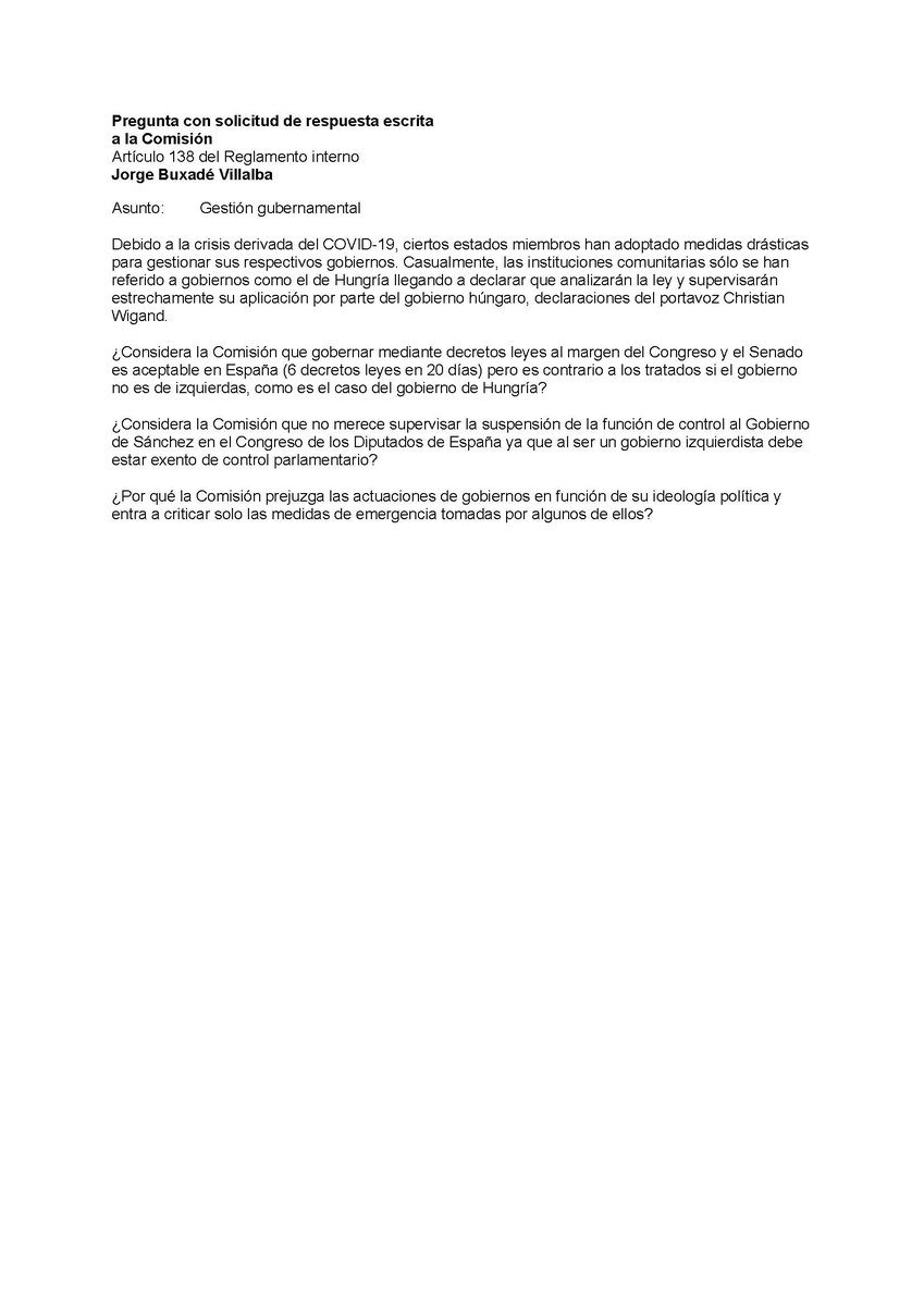 VOX_Europa_'s tweet photo. 📝🇪🇺 Mientras acosa a Hungría y Polonia por cumplir con sus respectivas constituciones, la UE calla ante el golpe institucional de Sánchez e Iglesias: suspensión del control parlamentario, censura a periodistas, rescate a medios afines. Le hemos preguntado a la Comisión por qué. https://t.co/dLWS6rWX2C