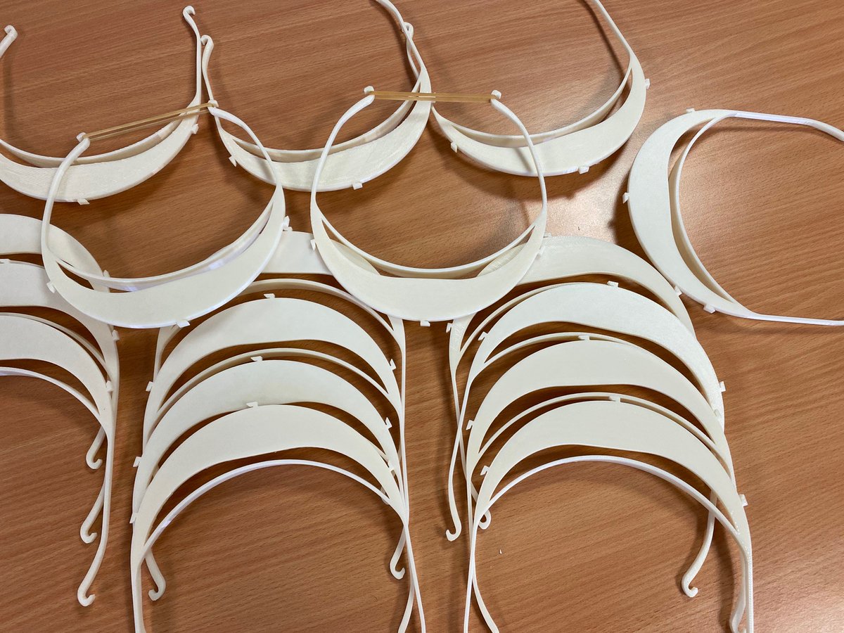RetracComposite's tweet photo. The first batch of medical Grade ABS, 3-D Printed Visors off of our Fortus 450 printer. Looking to support our local hospital @GWH_NHS against the COVID-19 battle. #NHS https://t.co/F9bwIrvkbA