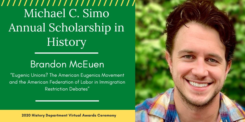 The Michael C. Simo Annual Scholarship in History (outstanding research paper based on primary sources in US history) goes to Branden McEuen ( @branden_mceuen), for his paper titled “Eugenic Unions?”  #wsucommunity  @WayneStateCLAS  @WayneGradSchool  @WaynestateHGSA