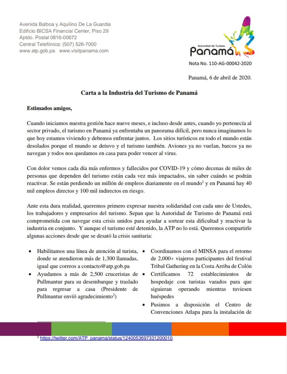 IvanEskildsen's tweet image. Carta a la Industria del Turismo de Panamá 🇵🇦
Ante esta difícil situación expresamos nuestra solidaridad con los trabajadores y empresarios del turismo, acciones recientes y la estrategia hacia adelante. #quedatencasa #volveremosaviajar