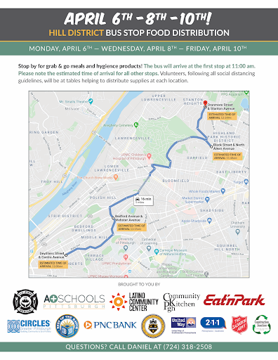 HACP1's tweet photo. This week is spring break. @412FoodRescue is working with @APlusSchools, Latino Community Center, and the @CityPGH to distribute food along bus routes from 11AM-tomorrow (Wednesday 4/8), and Friday 4/10. Each route can be found below https://t.co/VbAaC3Fo8b