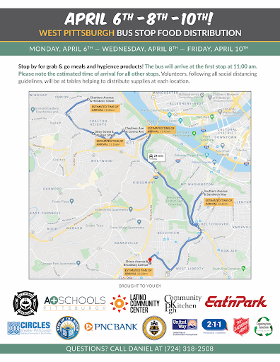 HACP1's tweet photo. This week is spring break. @412FoodRescue is working with @APlusSchools, Latino Community Center, and the @CityPGH to distribute food along bus routes from 11AM-tomorrow (Wednesday 4/8), and Friday 4/10. Each route can be found below https://t.co/VbAaC3Fo8b